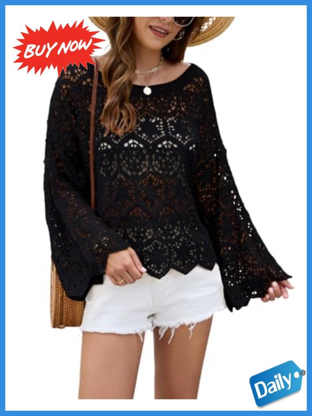 Oversized Boat Neck Crochet Knit Sweater Pullover Bell Sleeve Beach Coverup